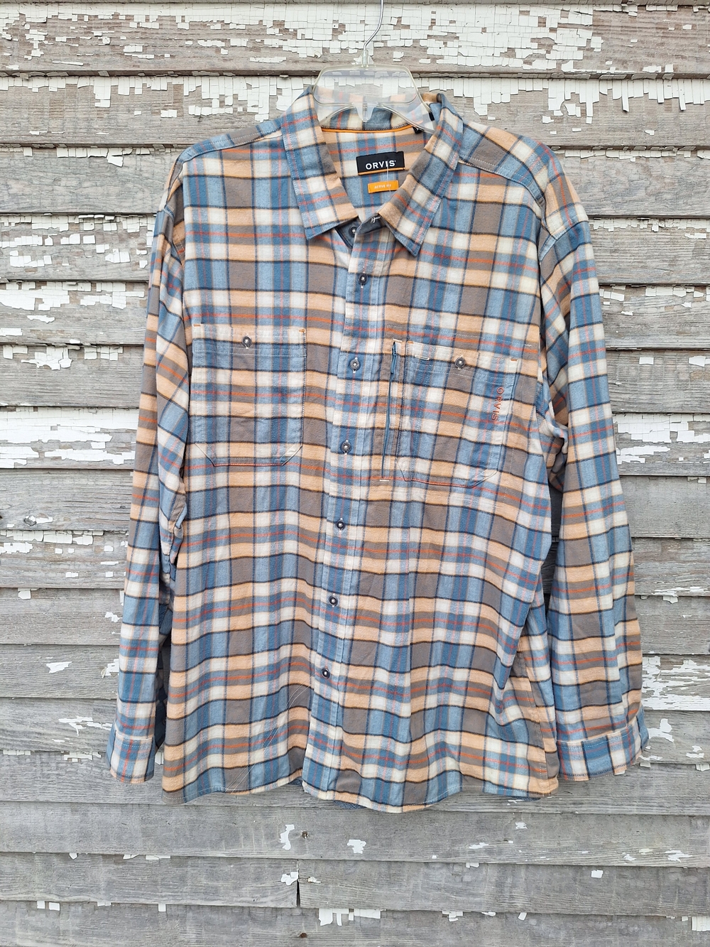 Orvis Flat Creek Flannel Men's Blue and Tan Plaid Button-Up Shirt Size XL